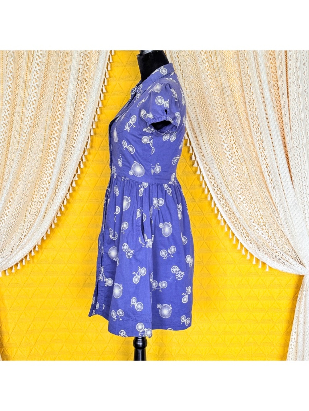 Porridge Cottagecore Twee Retro Blue Bicycle Print Cotton Day Dress Pockets Sz 6 - Picture 7 of 17